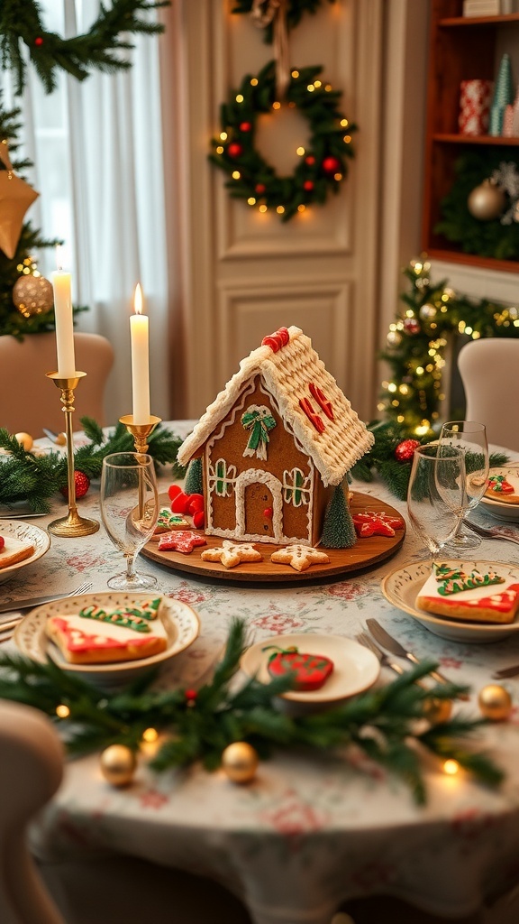 A festive Christmas table setting with gingerbread house centerpiece, decorated cookies, and candles.